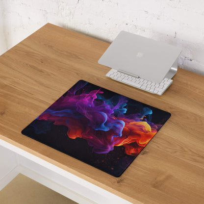 Vibrant abstract smoke ink-blot gaming mouse pad in purple blue orange red on black