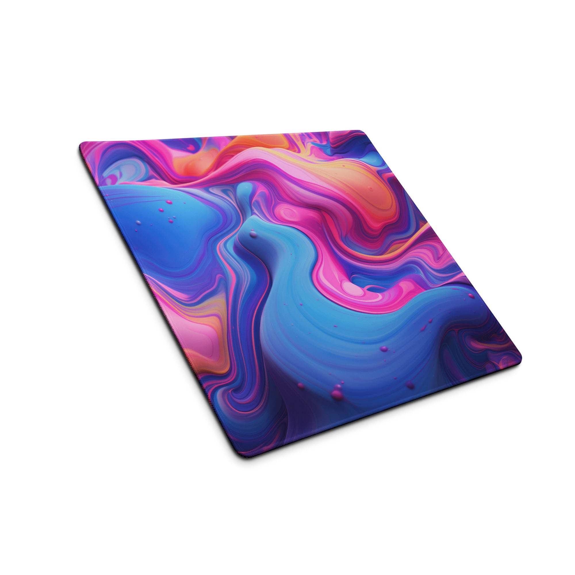 Vibrant abstract swirl gaming mouse pad in blues pinks purples glossy non-slip stitched large