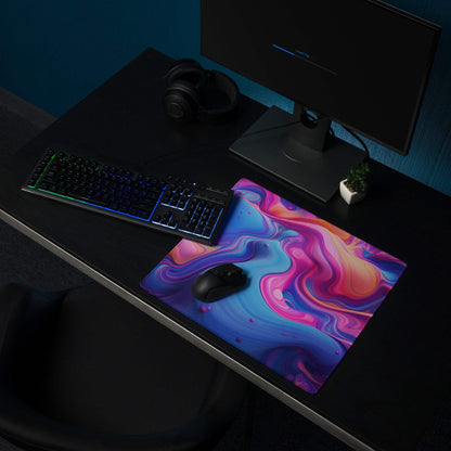 Vibrant pink purple blue swirl gaming mouse pad with non-slip base edge stitching