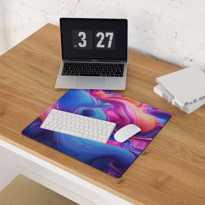 Large abstract vibrant swirl gaming mouse pad with non-slip base and edge stitching