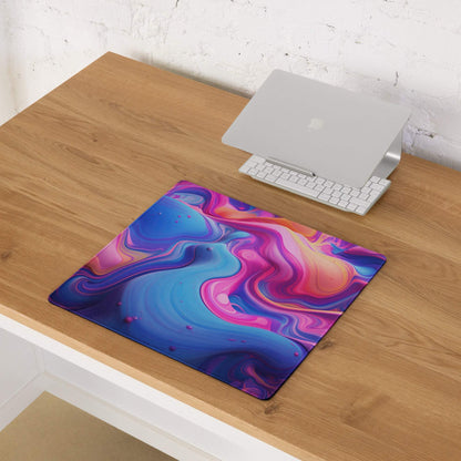 Large abstract vibrant swirl gaming mouse pad in blue pink purple with non-slip base edge stitching