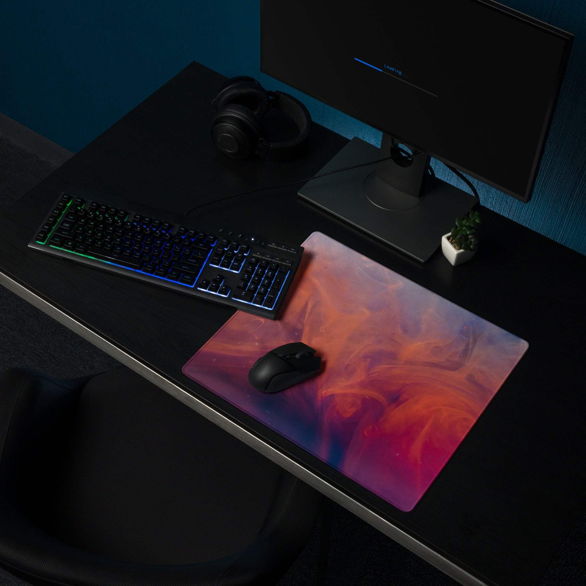 Large gaming mouse pad with swirling orange pink purple gradient, non-slip base, edge stitching for Dota CSGO