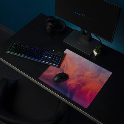 Large gaming mouse pad with swirling orange pink purple gradient, non-slip base, edge stitching for Dota CSGO