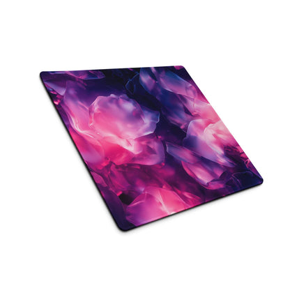 Vibrant purple pink crystal gaming mouse pad with edge stitching, non-slip base