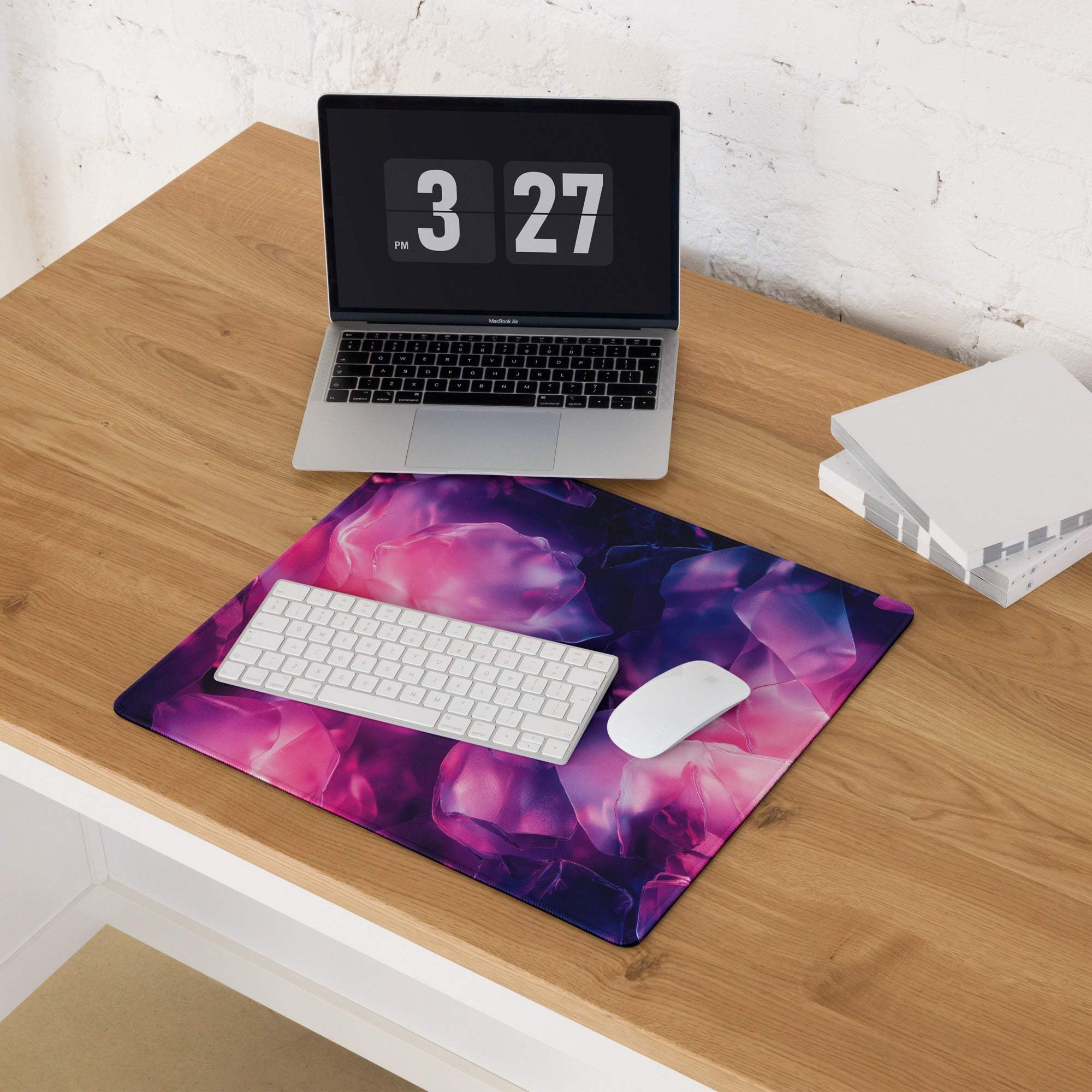 Vibrant purple pink crystal gaming mouse pad with floral pattern, edge stitching, non-slip base