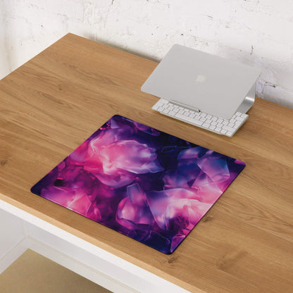 Vibrant purple pink crystal gaming mousepad with edge stitching on wooden desk