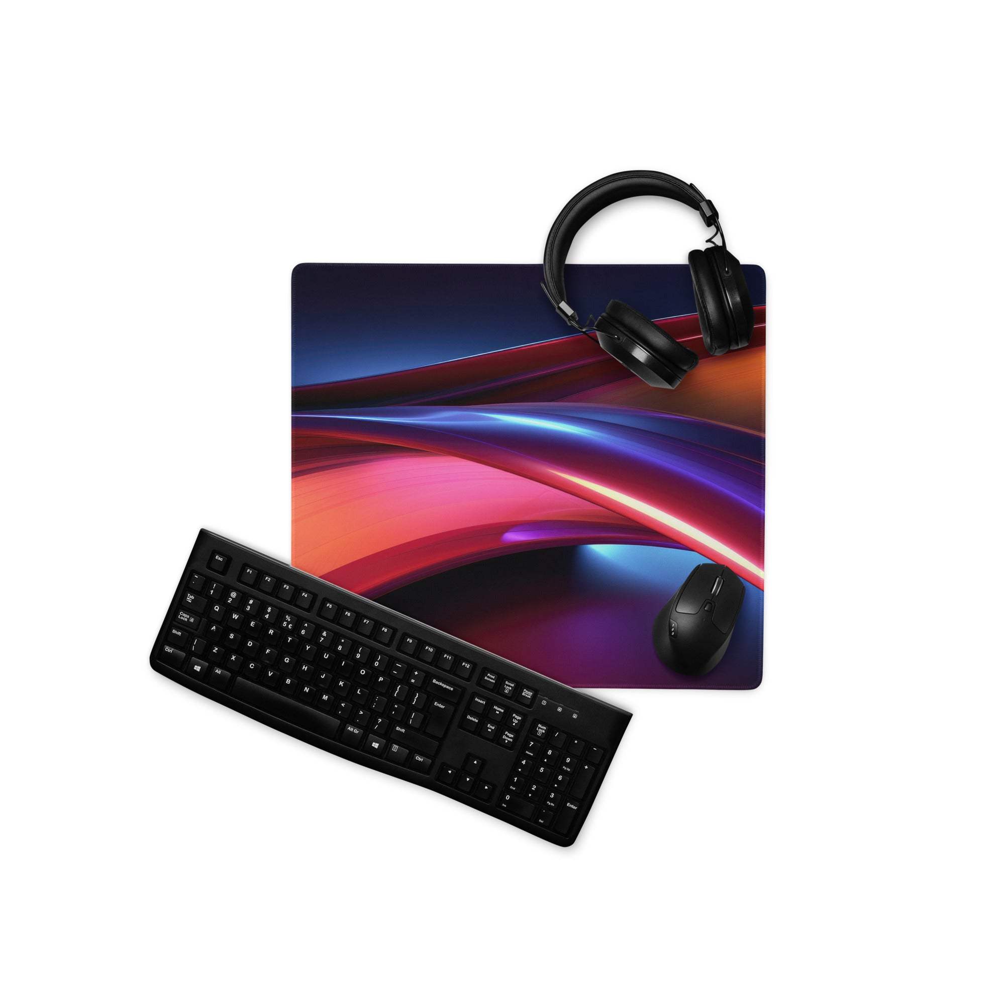 Black keyboard on vibrant neon waves gaming mouse pad