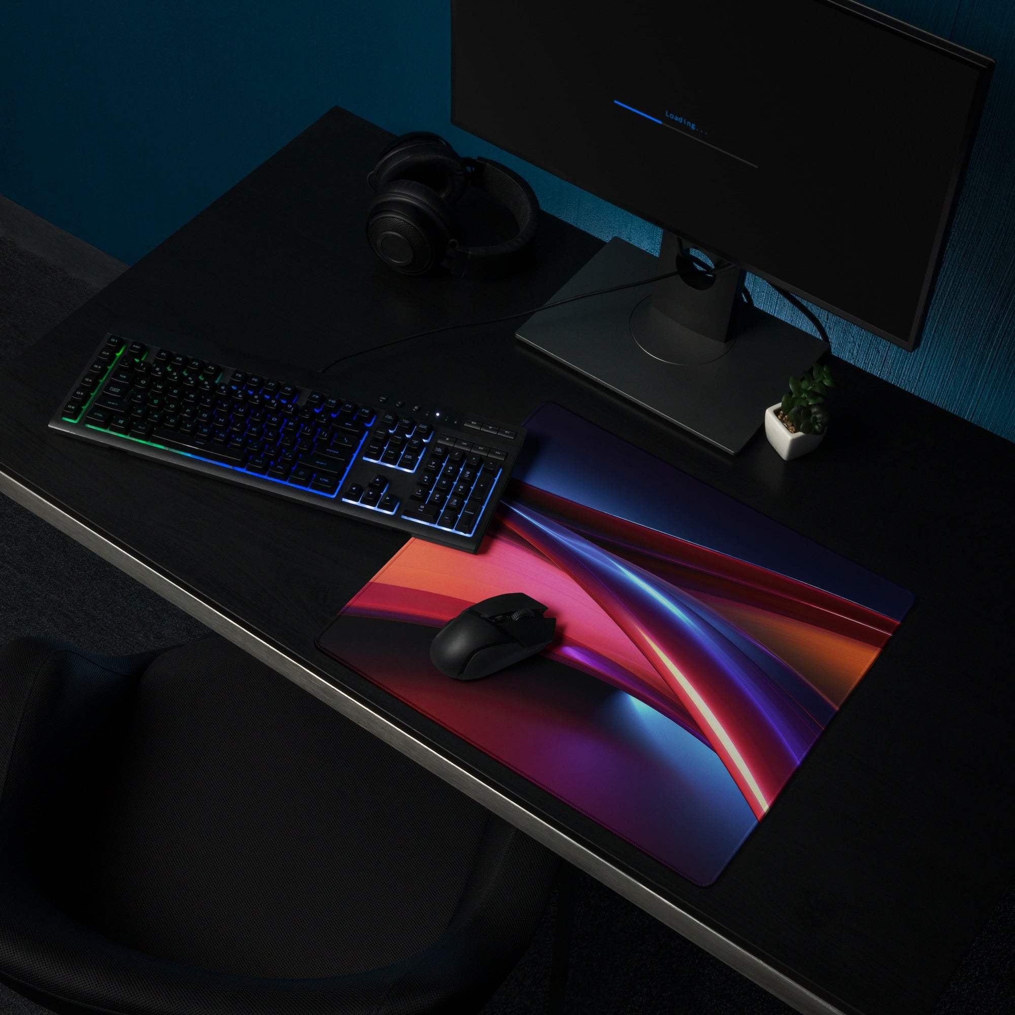 Vibrant neon waves gaming mouse pad with large size, non-slip edges, glossy finish