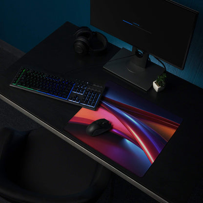 Vibrant neon waves gaming mouse pad with large size, non-slip edges, glossy finish