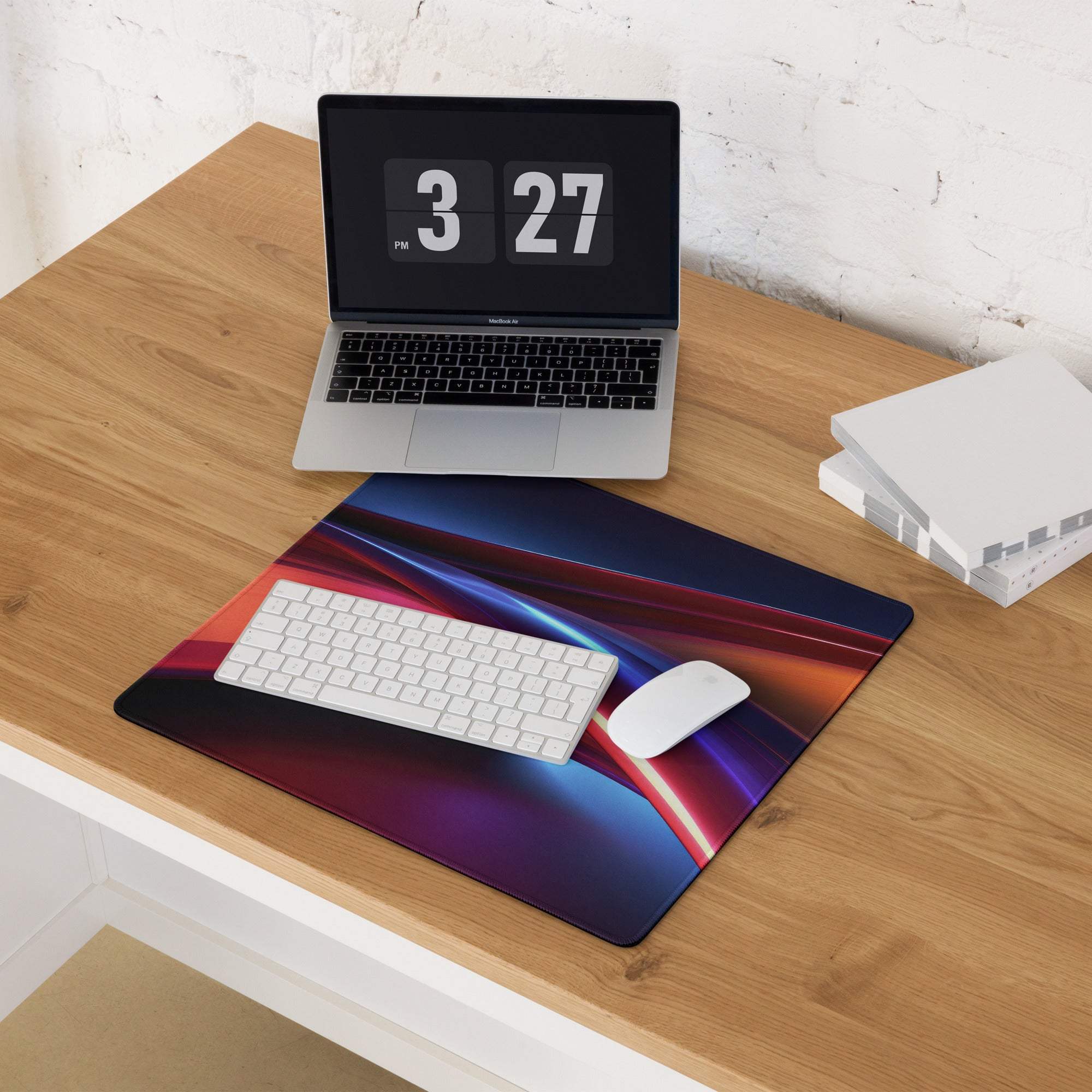 Vibrant neon waves gaming mouse pad with large size, non-slip edge stitching, abstract blue purple red orange design