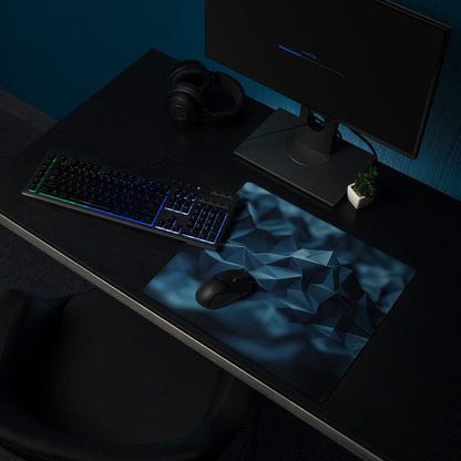 Blue geometric mountain gaming mouse pad with non-slip base and stitched edges
