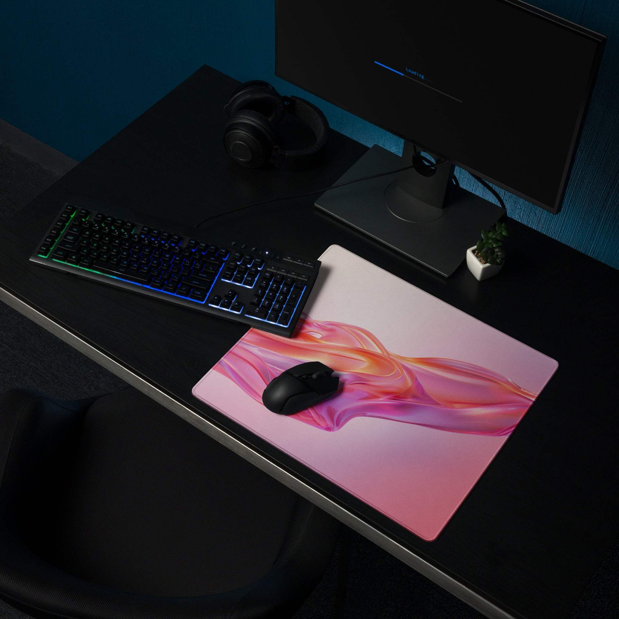 Vibrant pink orange wave large gaming mouse pad with non-slip base stitching