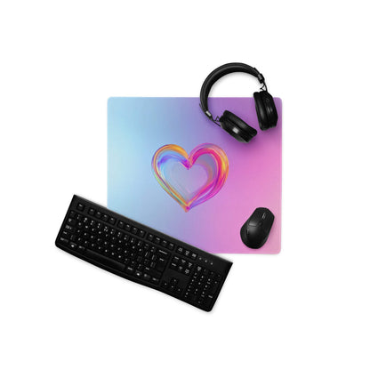 Vibrant pastel gradient heart gaming mousepad with rainbow glow, non-slip base, stitched edges
