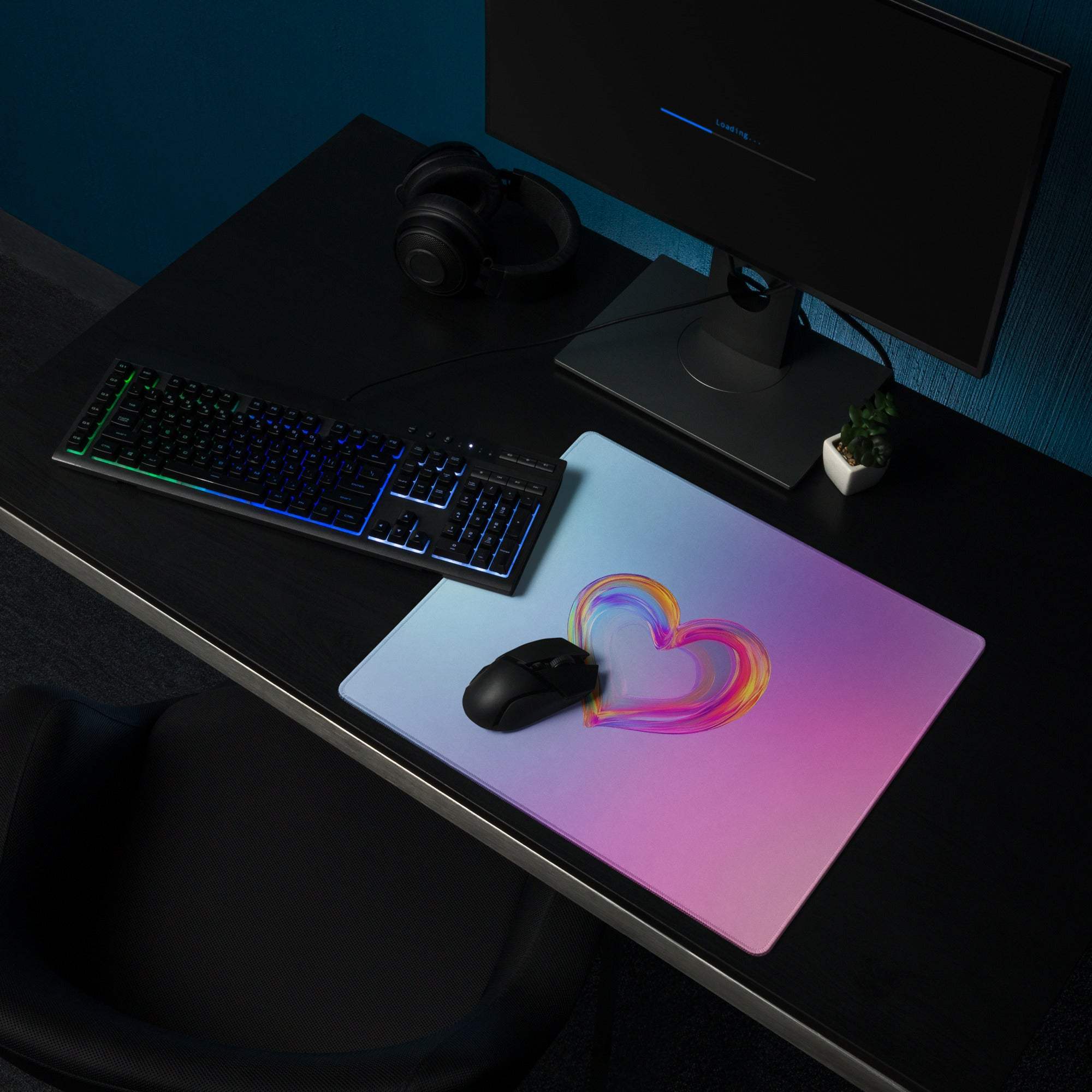 Pastel gradient heart gaming mouse pad with rainbow hues, non-slip base, stitched edges
