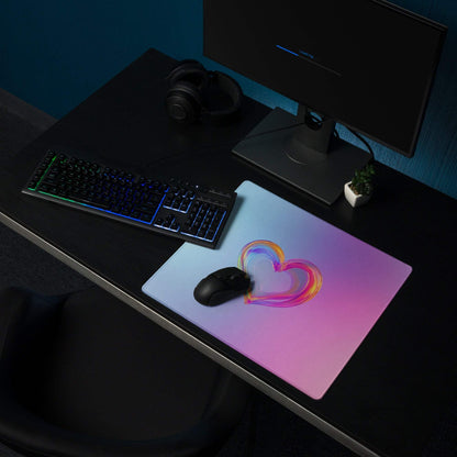 Pastel gradient heart gaming mouse pad with rainbow hues, non-slip base, stitched edges