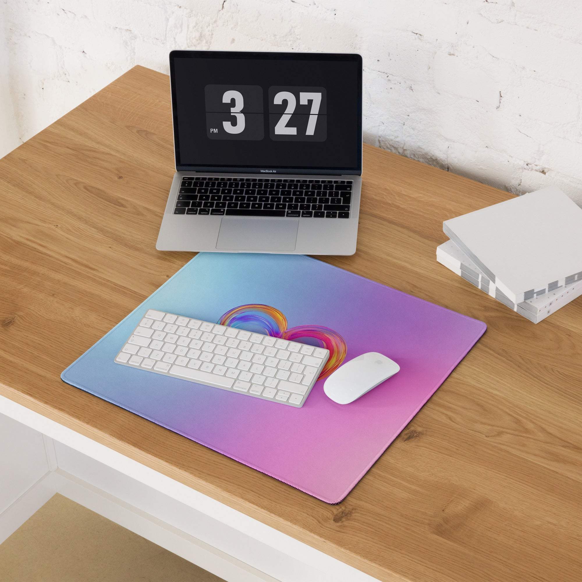 Pastel gradient heart gaming mouse pad with colorful swirl, non-slip base