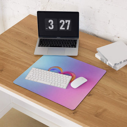 Pastel gradient heart gaming mouse pad with colorful swirl, non-slip base