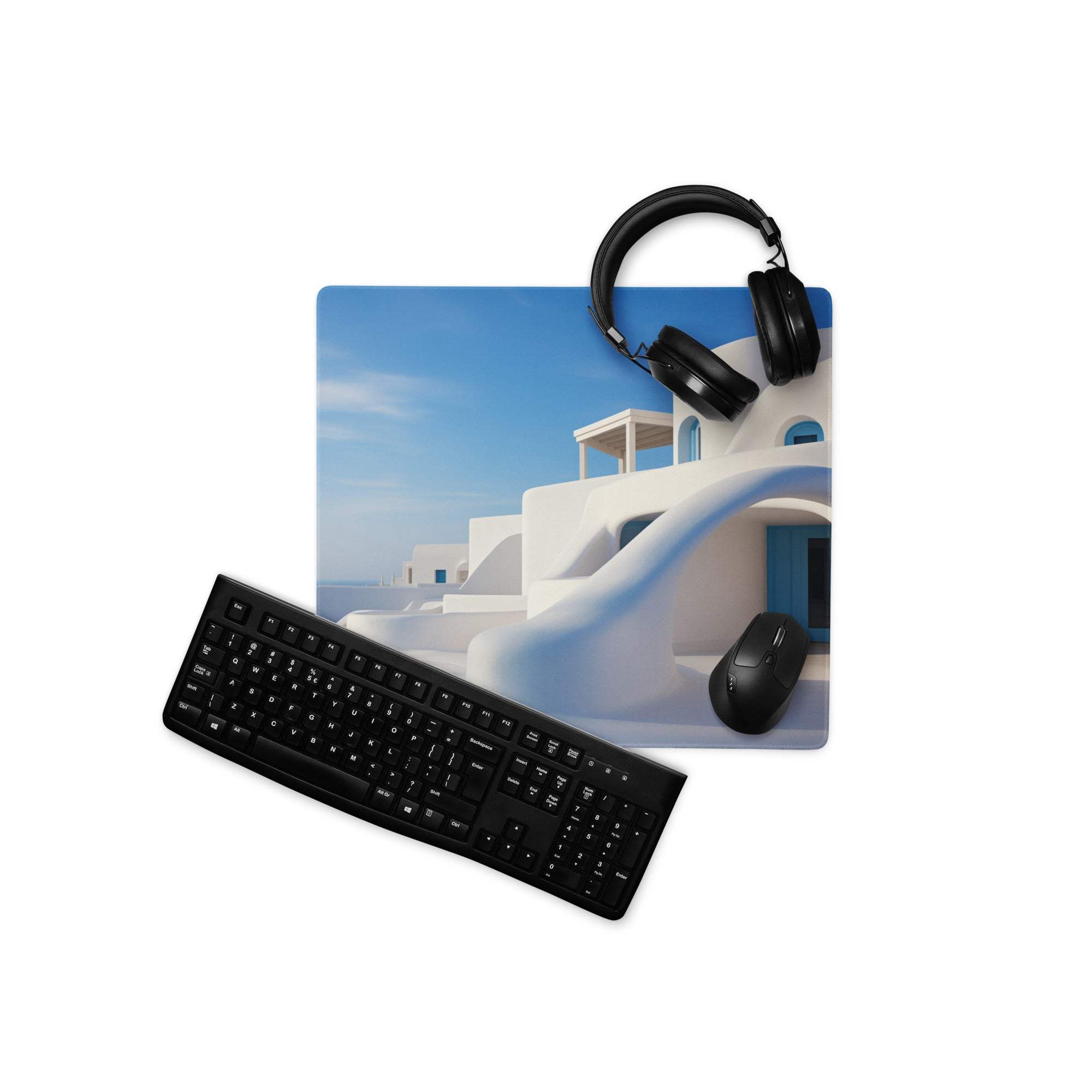 Santorini blue and white minimalist gaming mouse pad with Greek island buildings