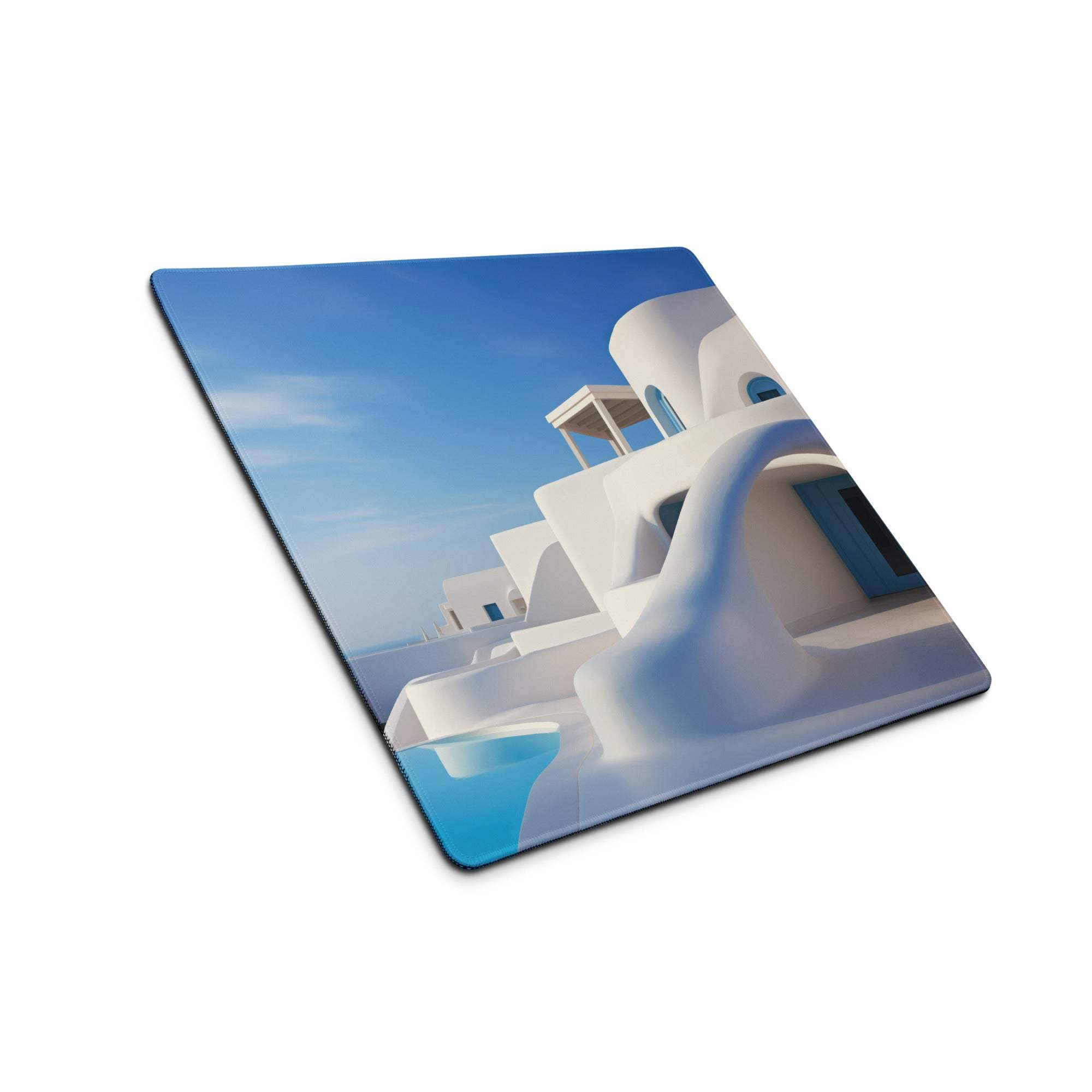 Santorini blue and white minimalist gaming mouse pad with curved buildings print