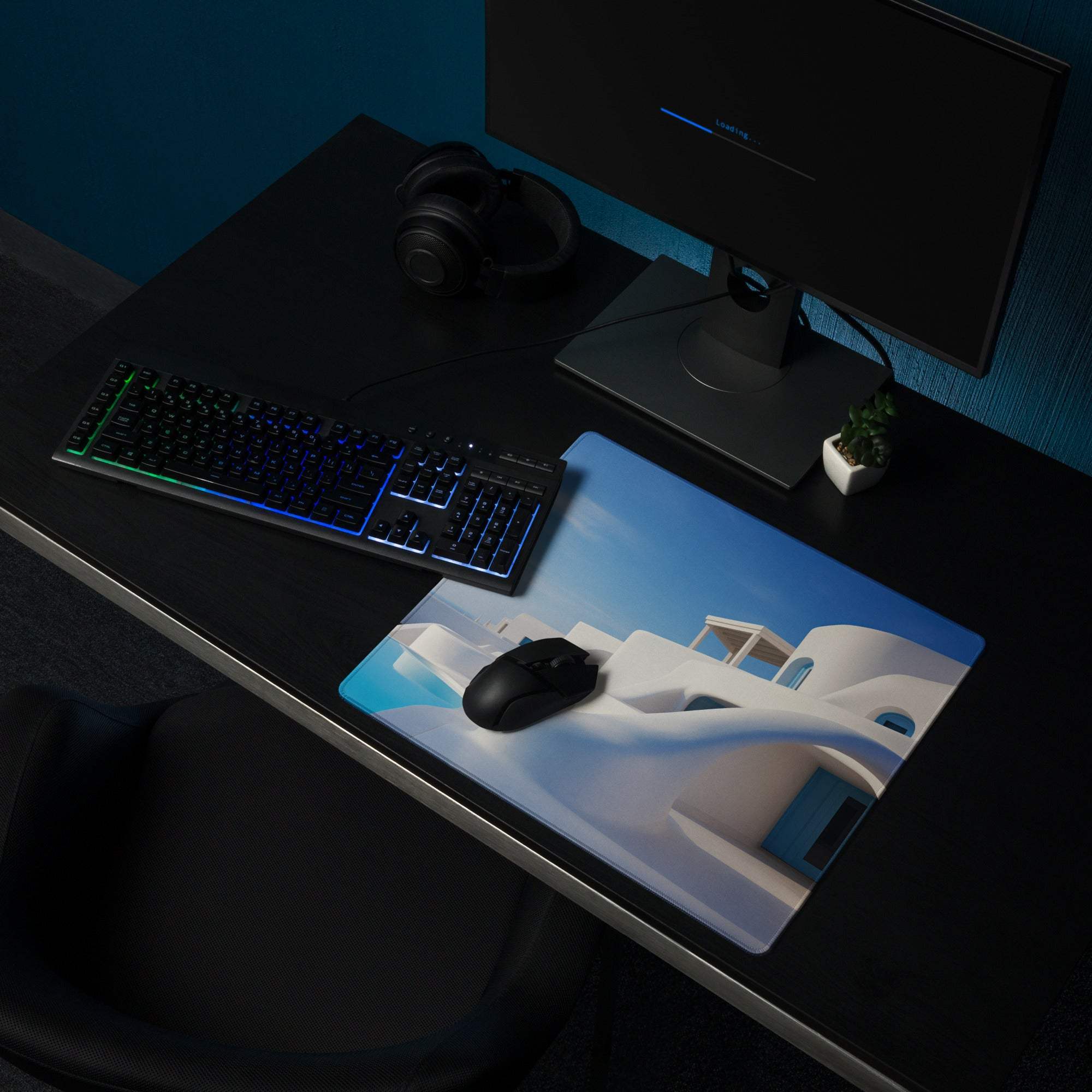 Santorini blue and white minimalist gaming mouse pad with glossy finish