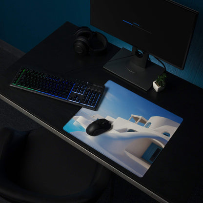 Santorini blue and white minimalist gaming mouse pad with glossy finish