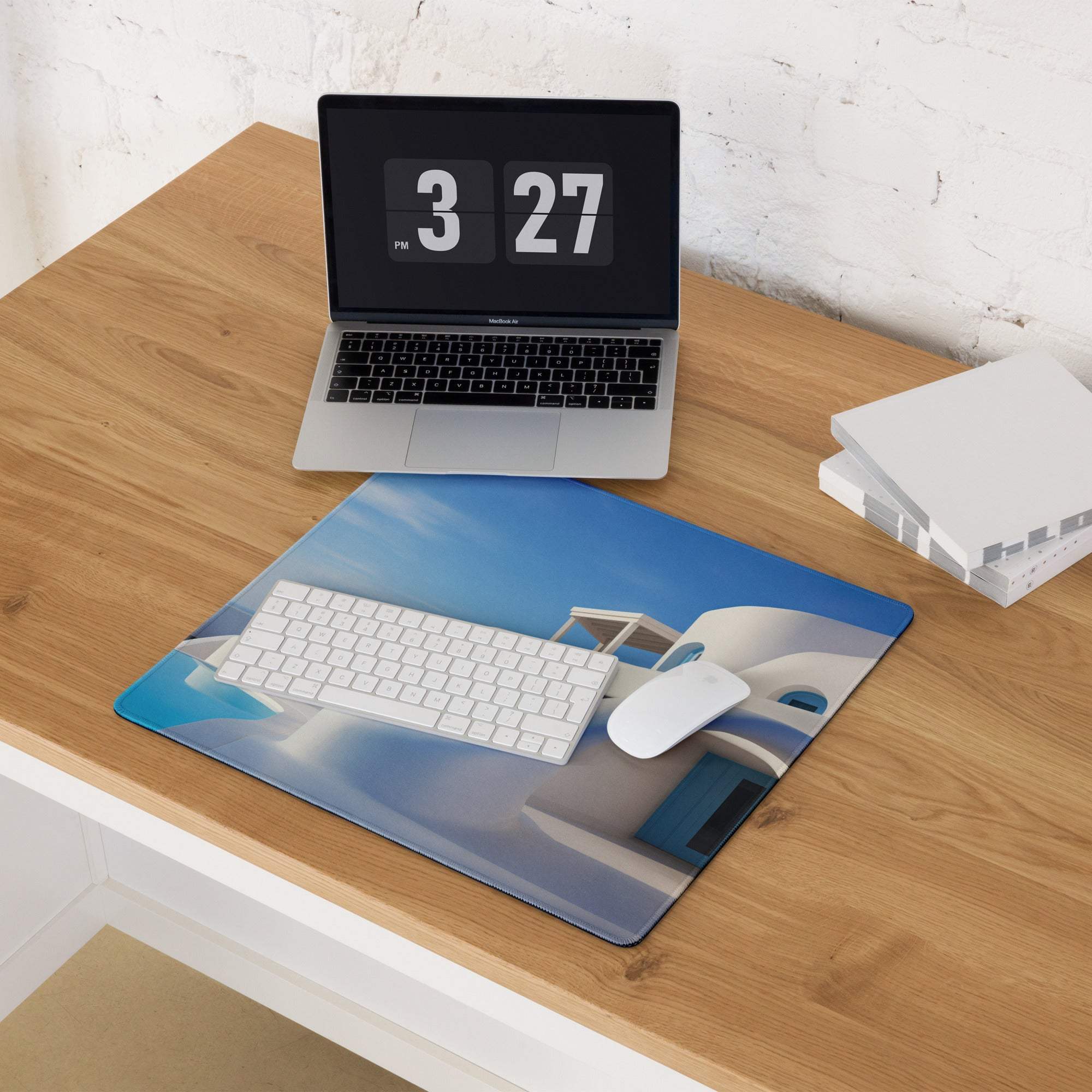 Santorini blue and white minimalist gaming mouse pad with glossy finish