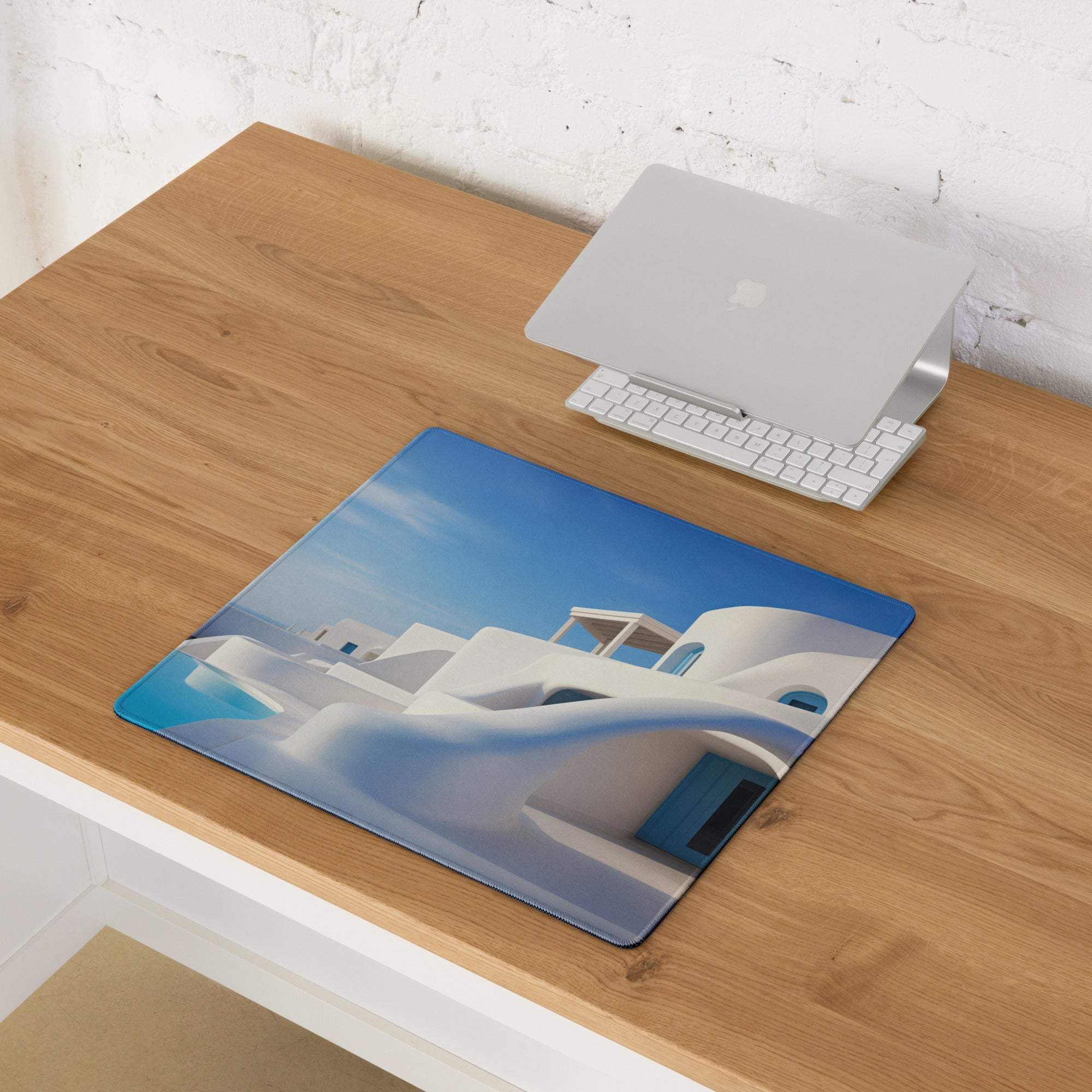 Santorini blue and white minimalist gaming mouse pad with large non-slip surface
