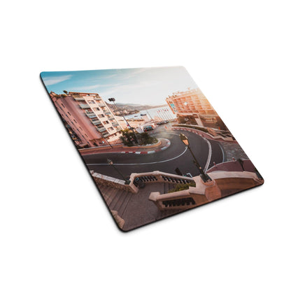 Urban sunset cityscape gaming mouse pad with pink coastal buildings