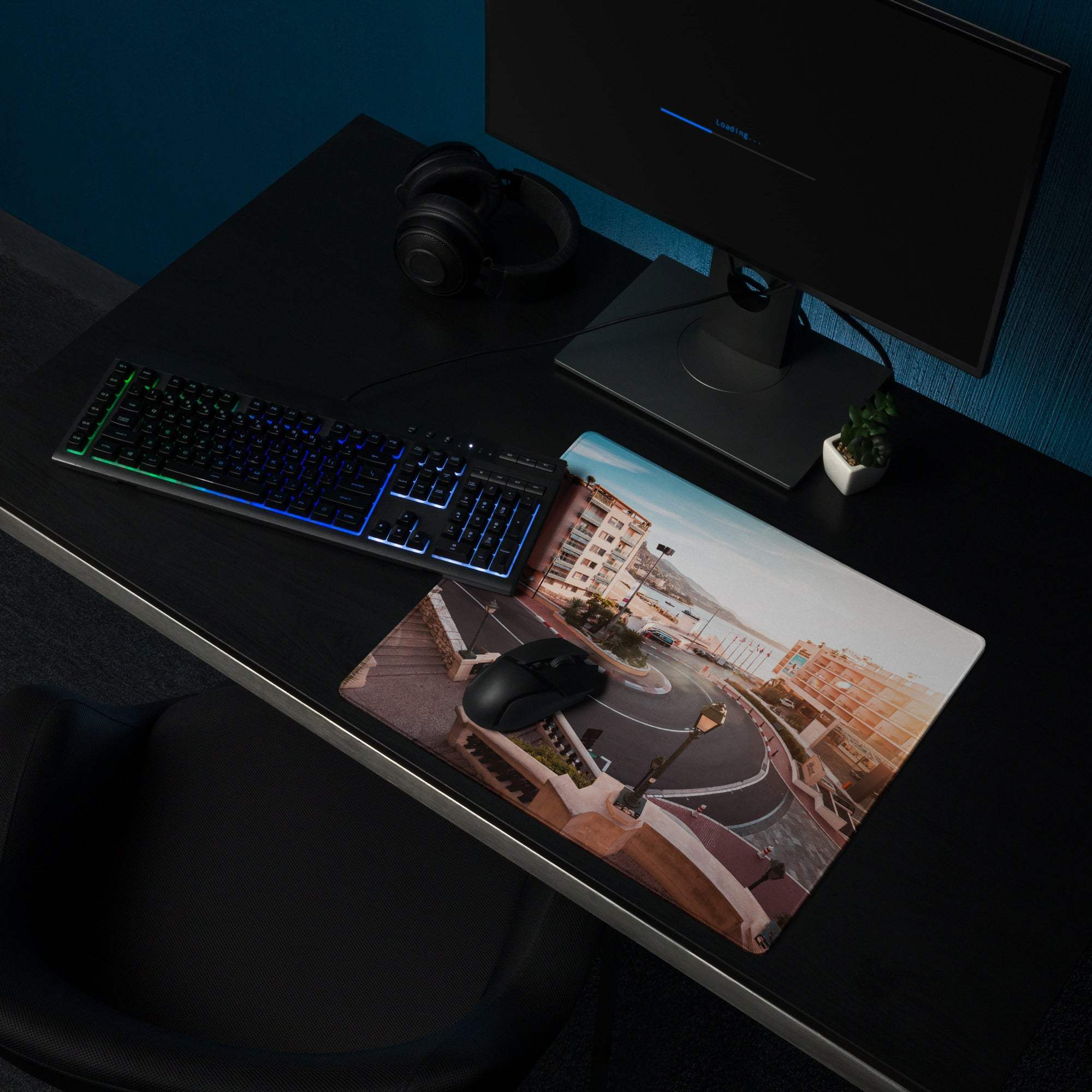 Urban sunset cityscape gaming mouse pad with stitched edges and non-slip base