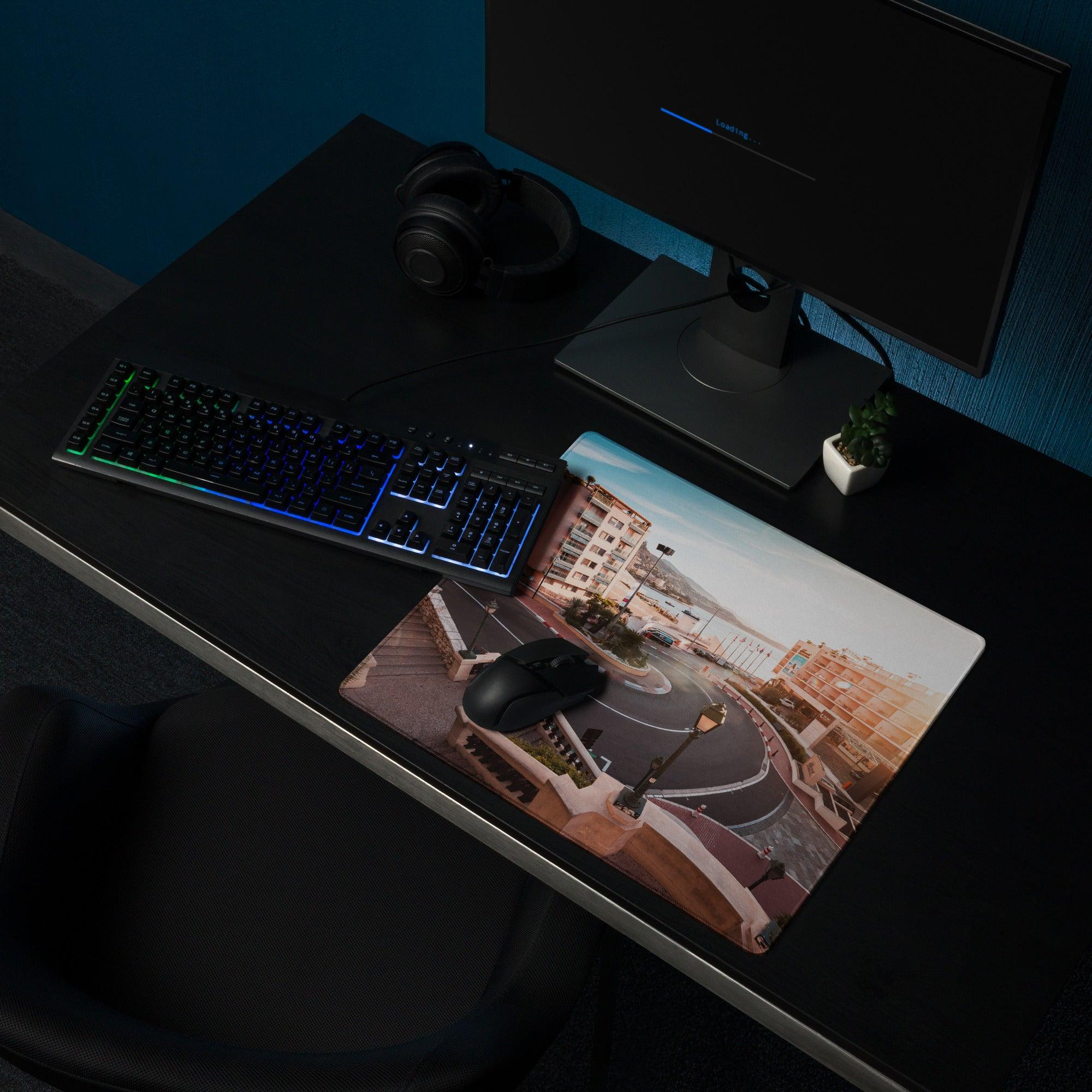 Urban sunset cityscape gaming mouse pad with stitched edges and non-slip base