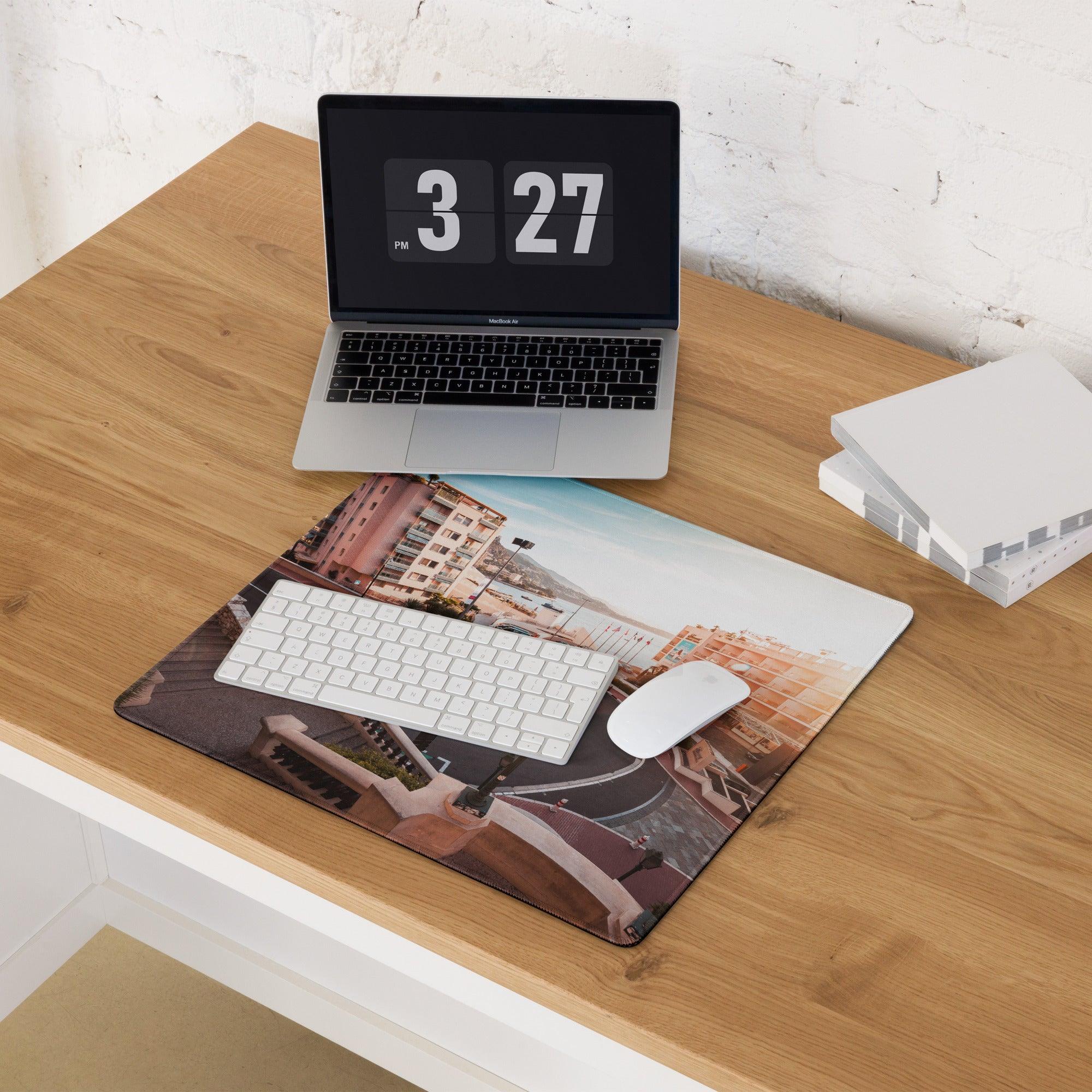Urban sunset cityscape gaming mouse pad with stitched edges and non-slip base