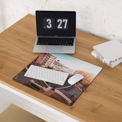 Urban sunset cityscape gaming mouse pad with stitched edges and non-slip base