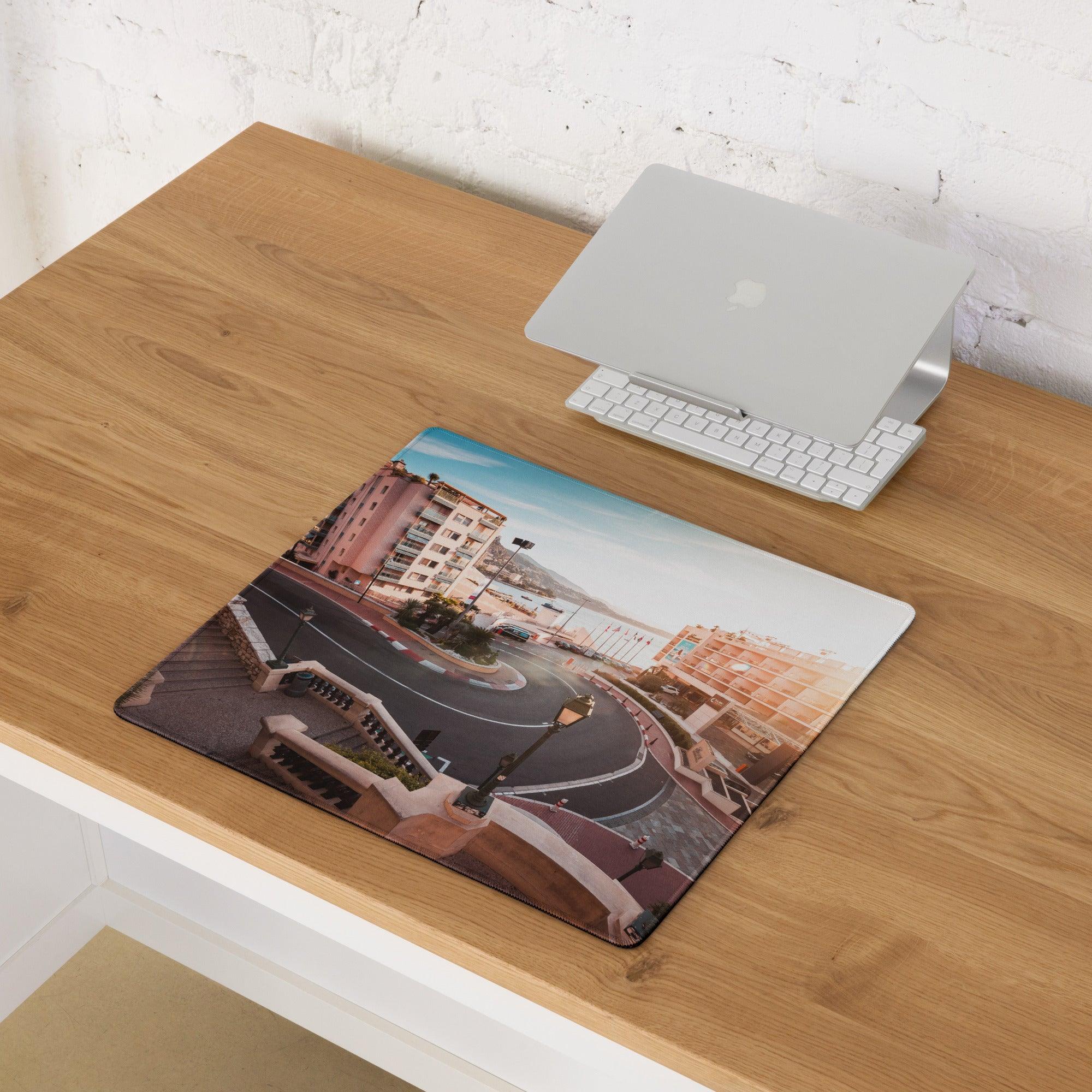Urban sunset cityscape gaming mouse pad with large non-slip stitched surface