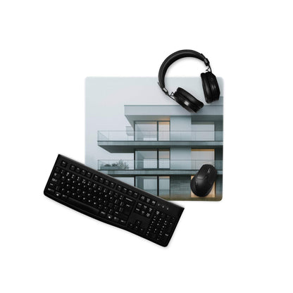 Minimalist gray cityscape gaming mouse pad with headphones and mouse