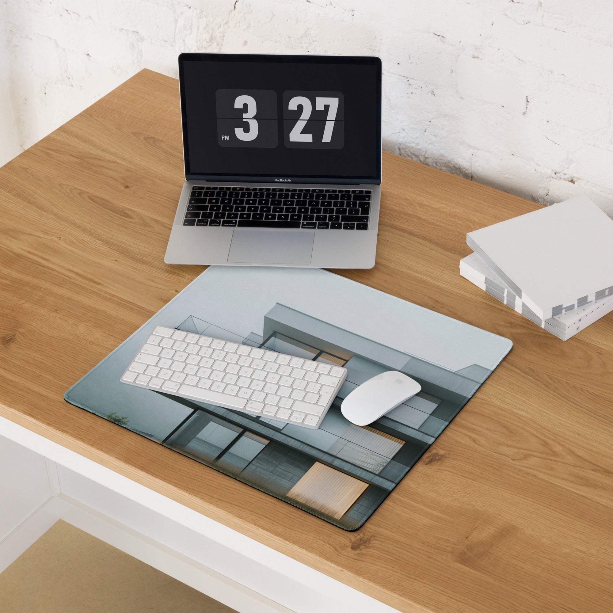 Minimalist blue gray cityscape gaming mouse pad large non-slip stitched edge