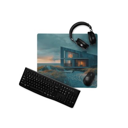 Black matte finish keyboard with standard keys on moody teal gaming mouse pad