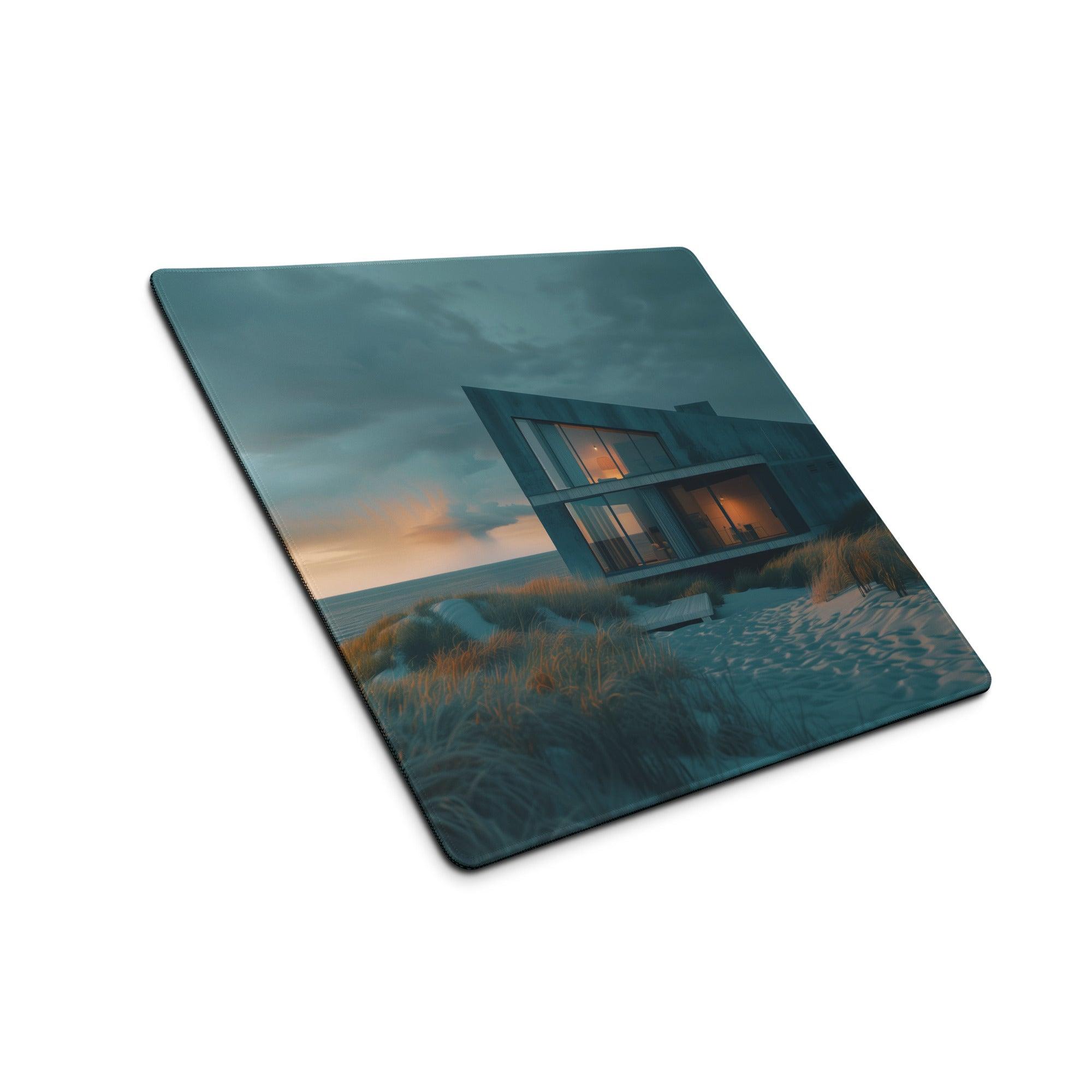 Premium moody teal large gaming mouse pad with coastal house design