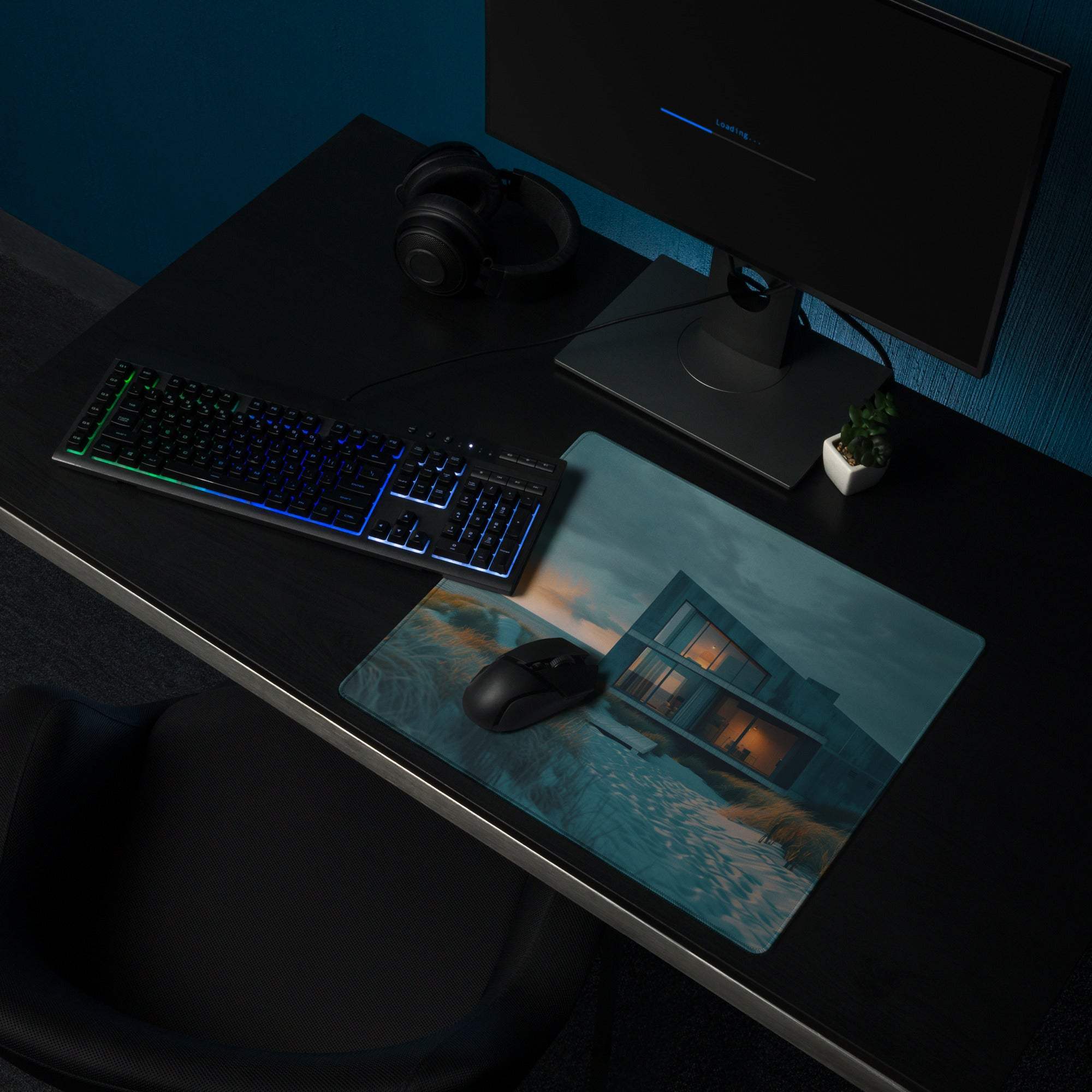 Premium moody teal large gaming mouse pad with house by water twilight scene