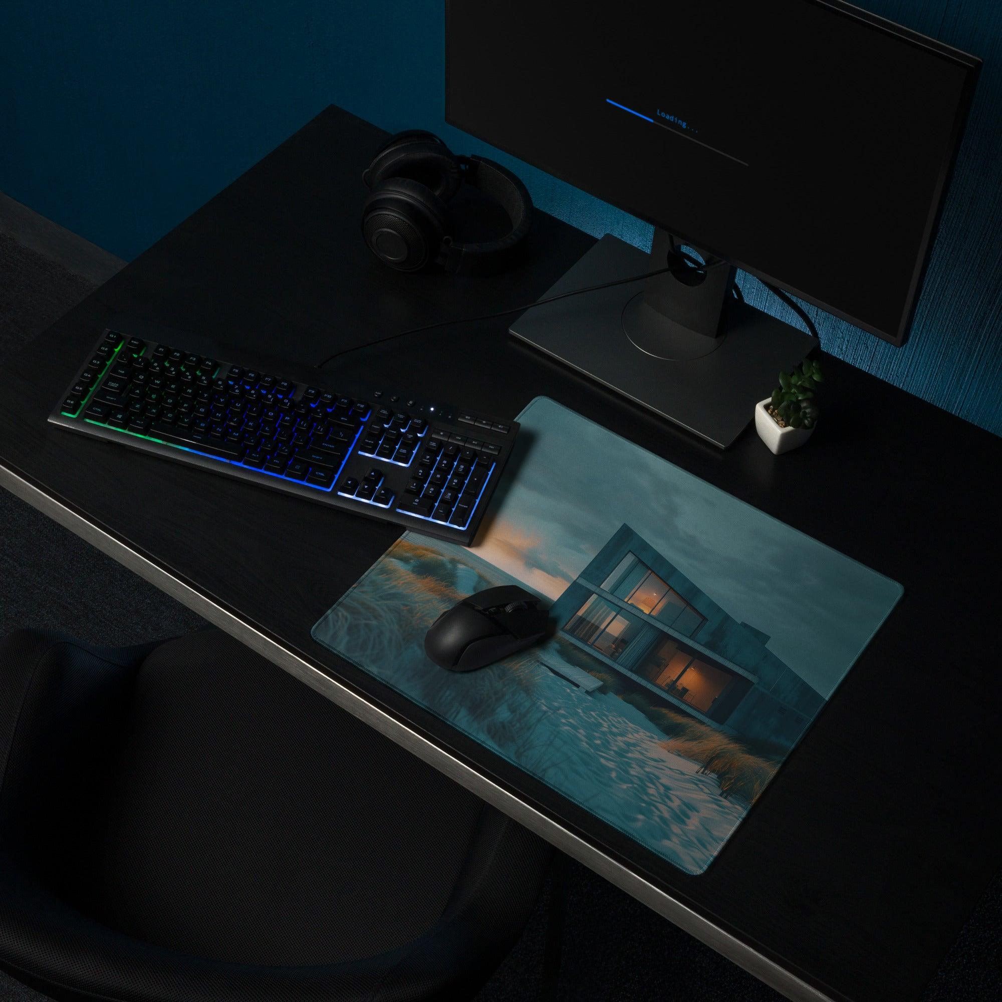 Premium moody teal large gaming mouse pad with house by water twilight scene