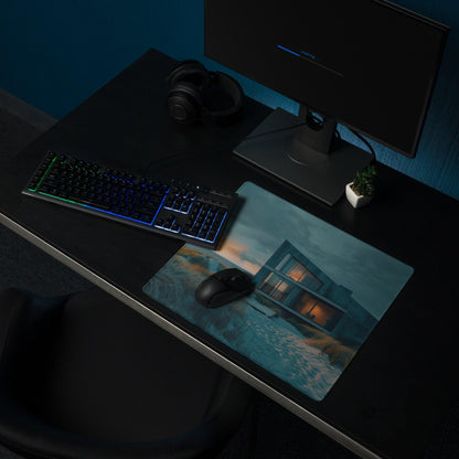 Premium moody teal large gaming mouse pad with house by water twilight scene