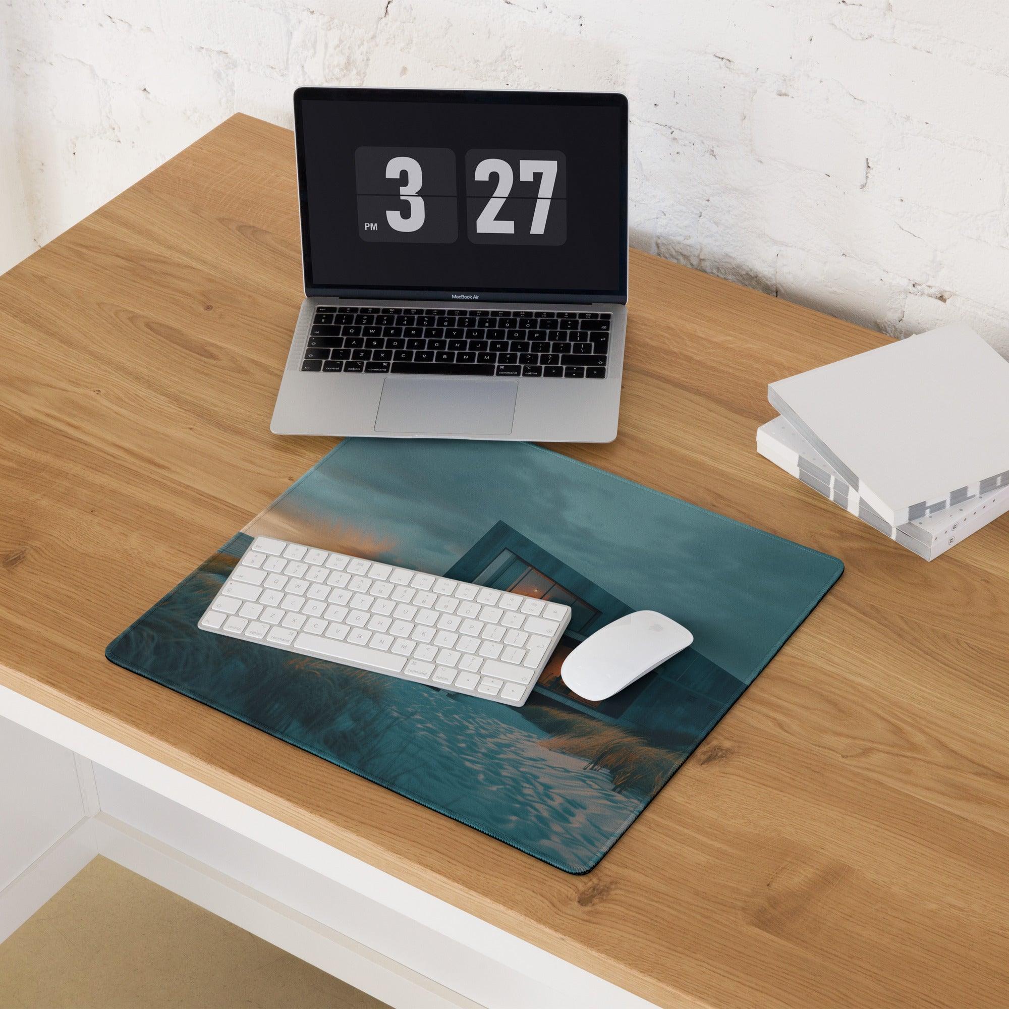 Premium moody teal large gaming mouse pad with ocean boat print