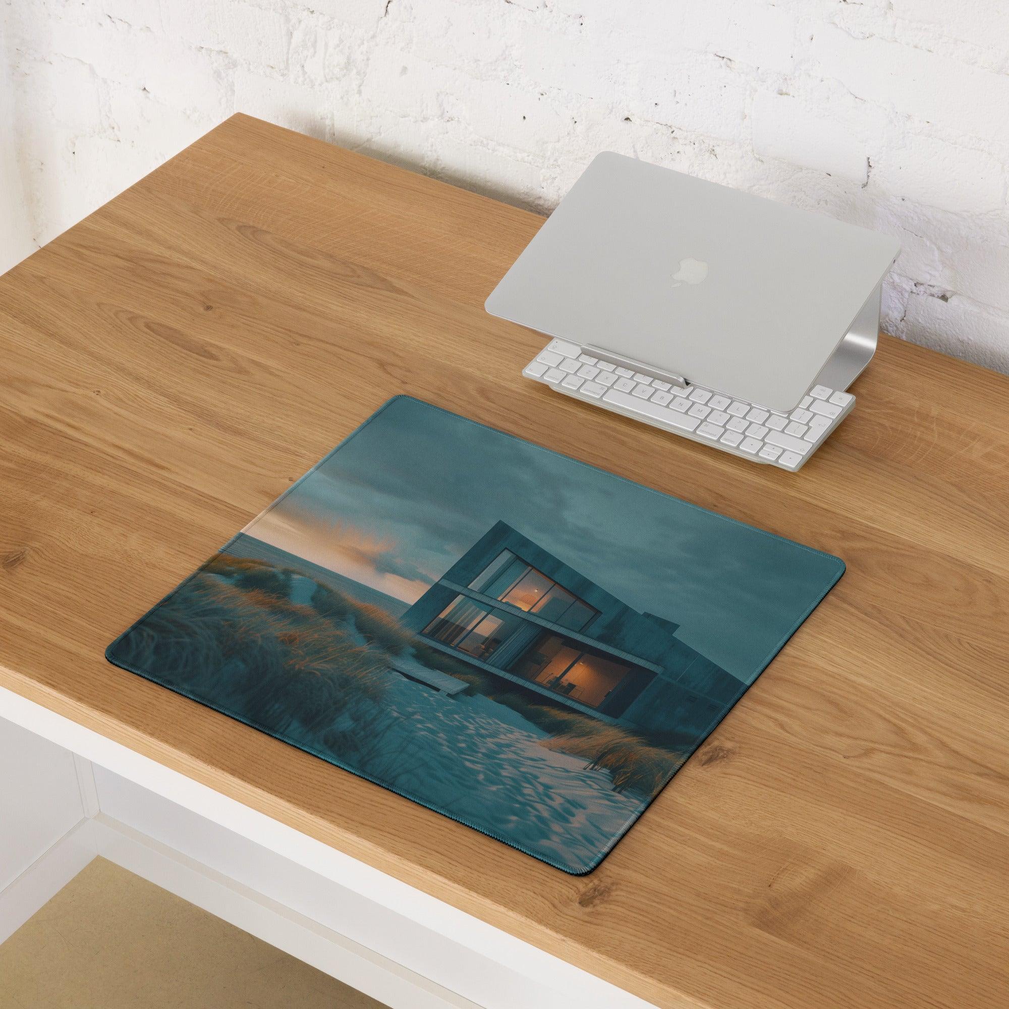 Premium moody teal large gaming mouse pad with modern teal orange house at dusk