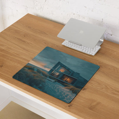 Premium moody teal large gaming mouse pad with modern teal orange house at dusk