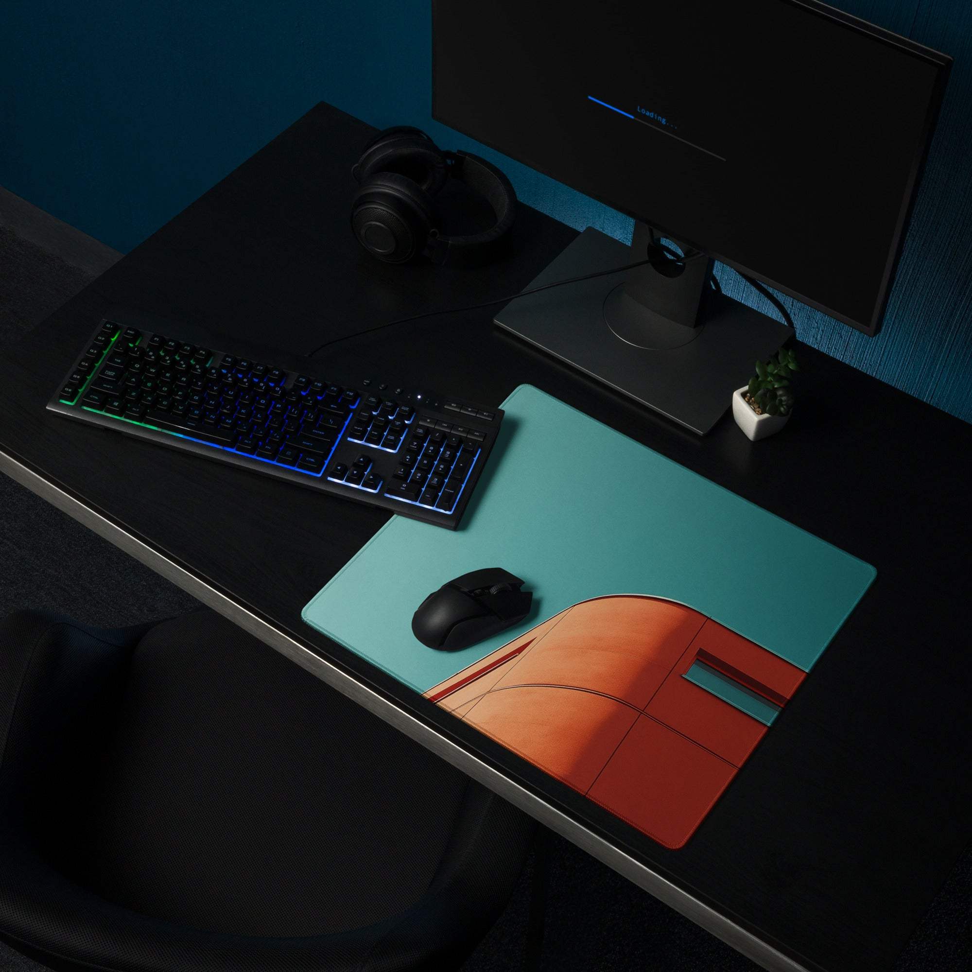 Teal sky orange modern building gaming mouse pad large with stitching