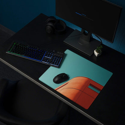 Teal sky orange modern building gaming mouse pad large with stitching