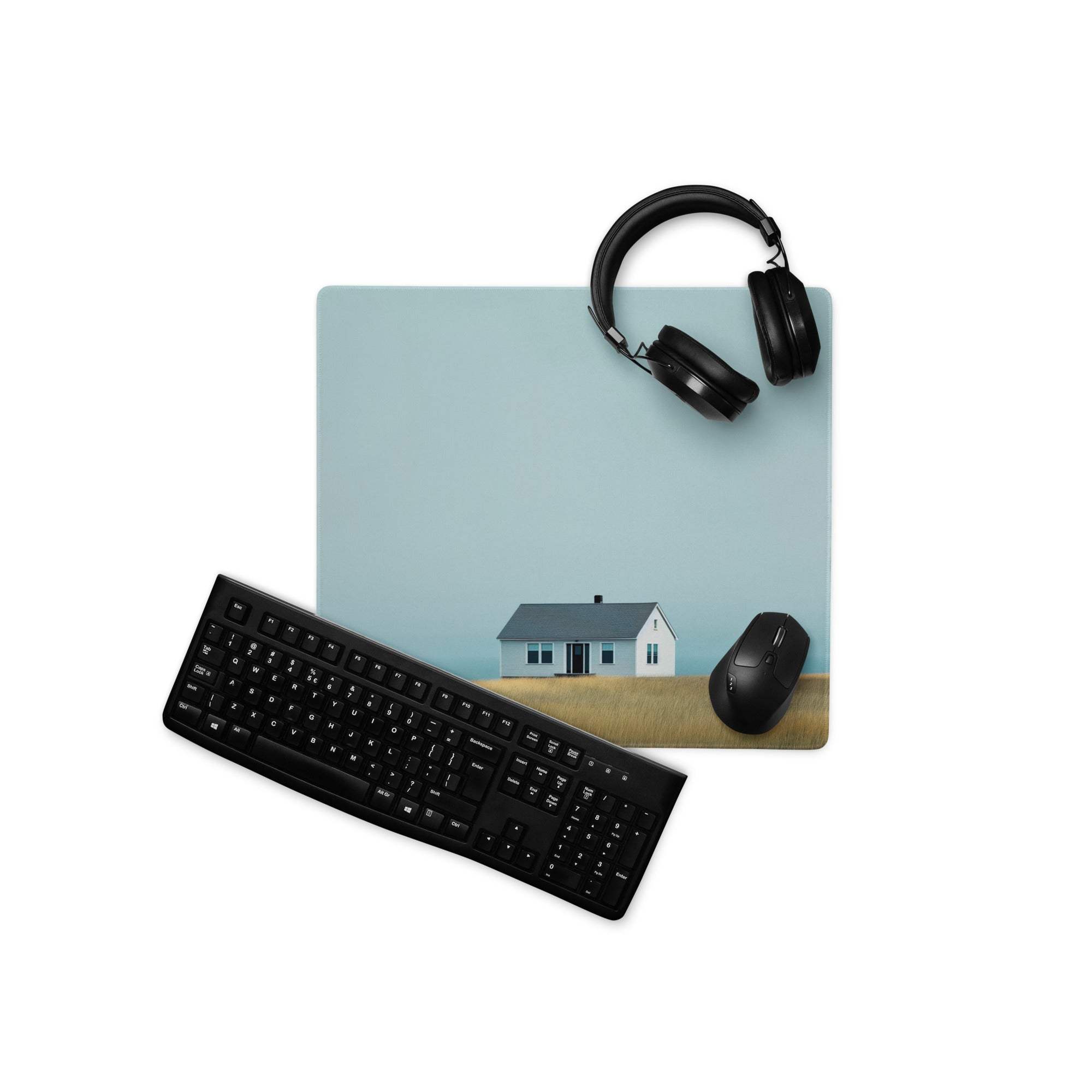 Calm coastal scene large gaming mouse pad with house, headphones, mouse