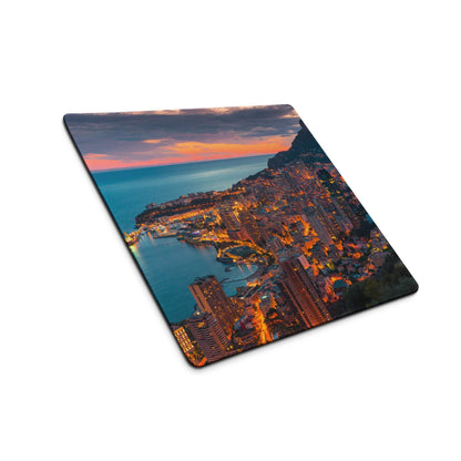 Professional coastal city sunset gaming mouse pad with vibrant dusk aerial view