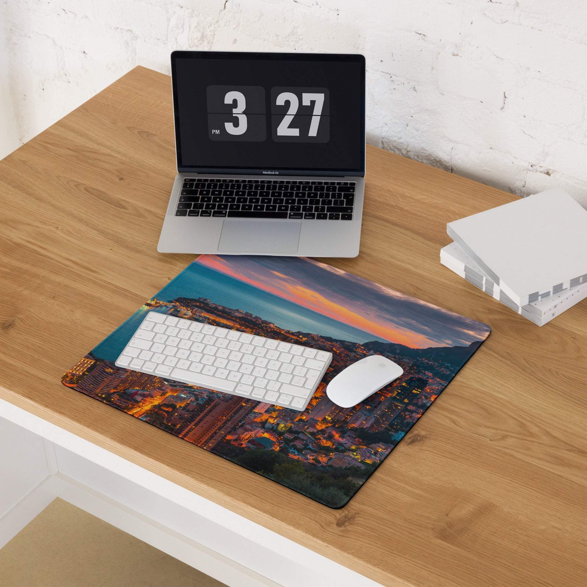 Professional coastal city sunset gaming mouse pad on wooden desk