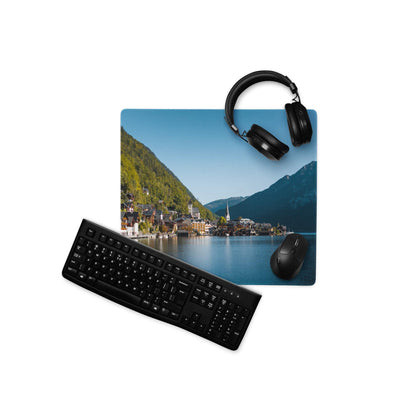 Blue Mountain Lake scenic gaming mouse pad with lakeside view, non-slip base