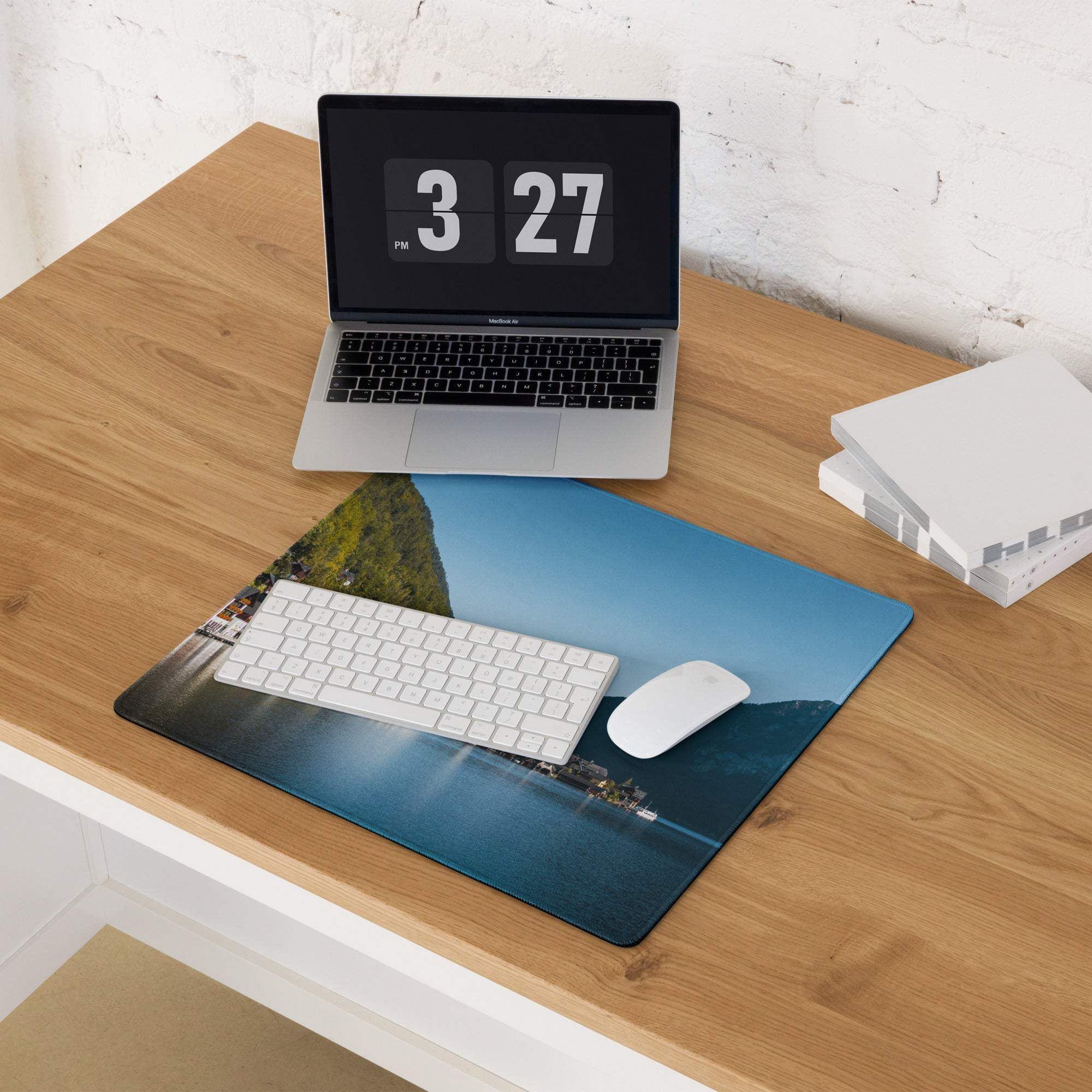 Blue Mountain Lake scenic gaming mouse pad with coastal cliffs, non-slip base